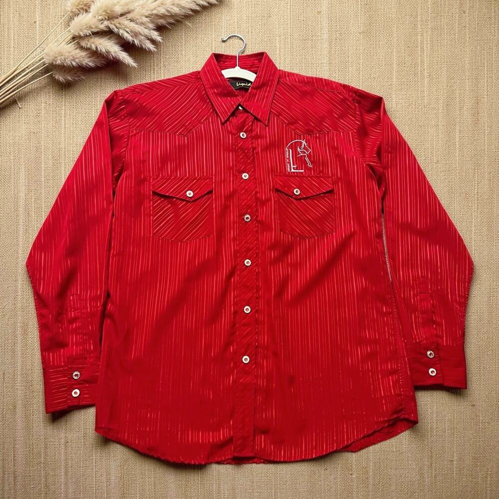 Liquid Rancho La Laguna Silk Western Bowling Shirt Large Red Pinstripe Y2K Rodeo